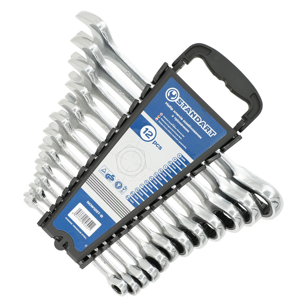 Набір ключів комбінованих із тріскачкою 8-15,17, 19, 22 мм 12ед. на холдері СТАНДАРТ NGW12ST-B Одеса - фото 1