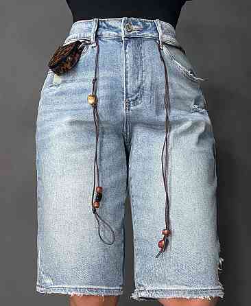Шорты женские джинсовые Liana 620 бермуды потертые с поясом и кошельком большие размеры голубые, голубой, 31, 31, 85 см, 112 см Киев