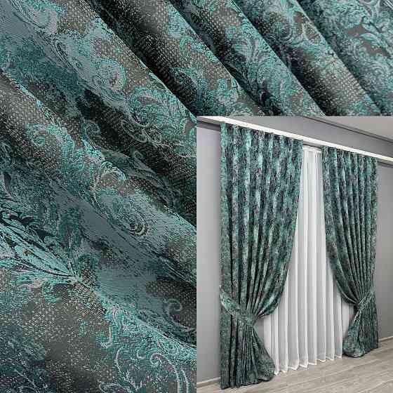 Комплект готовых штор VR-Textil Лен Премиум № 1837ш Серый с бирюзовым 150х295 см 2 шт (33-0825) Киев