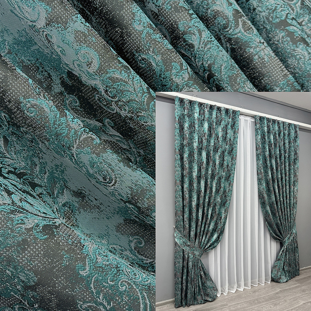 Комплект готовых штор VR-Textil Лен Премиум № 1837ш Серый с бирюзовым 150х295 см 2 шт (33-0825) Киев - изображение 1