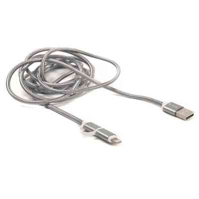 Дата кабель USB 2.0 AM to Lightning + Micro 5P 2.0m 2A cotton grey PowerPlant (CA910496) Винница