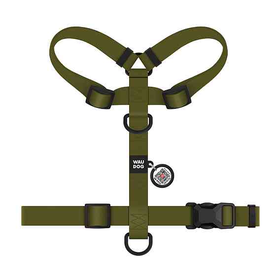 Шлея для собак водостійка анатомічна Н-подібна WAUDOG Magnet з QR-паспортом, магнітна пряжка-фастекс, L, Ш 25 мм, А 50-85 см, В 61-100 см, хакі Київ