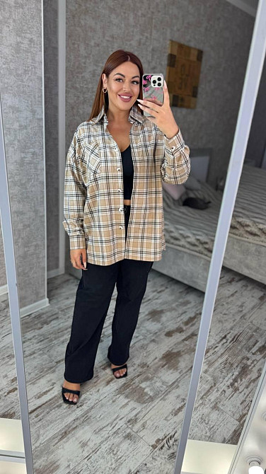 Женская оверсайз рубашка в клетку турецкая фланель Беж 2, 50/56 Одесса - изображение 1