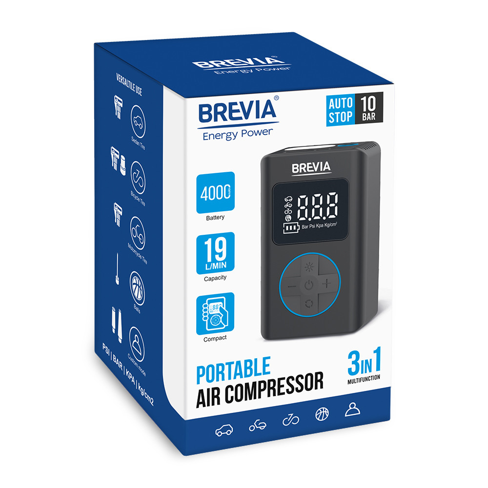 Компресор портативний Brevia 3в1 10Атм 19л/хв 4000mAh з LED-ліхтарем та автостопом + PowerBank Львів - фото 8