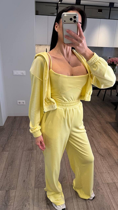 Женский стильный повседневный костюм тройка велюр плюш Лимонный, 44/46 Одесса - изображение 1