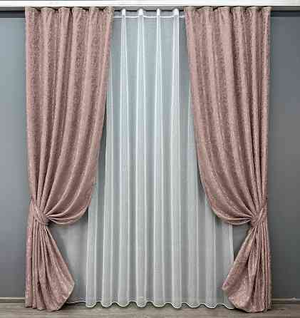 Комплект штор VR-Textil Лен Мрамор 150х270 2шт и Тюль 600х270 1716ш-1276т Пудровый с белым 71-012/5 Киев