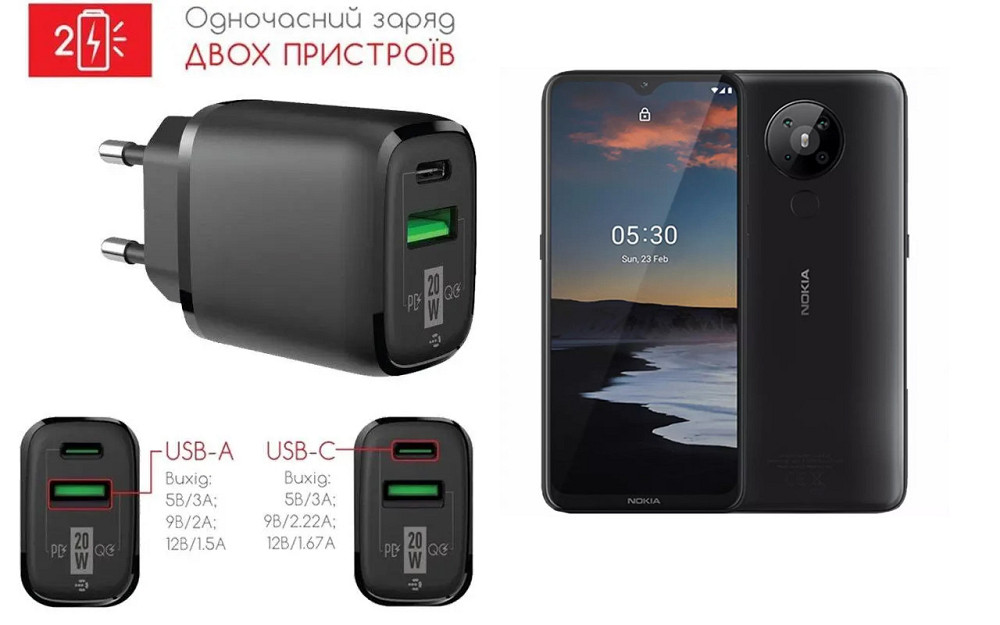 Сетевое зарядное устройство для Nokia 5.3, 20W 3A, Quick Charge 3.0 Киев - изображение 1