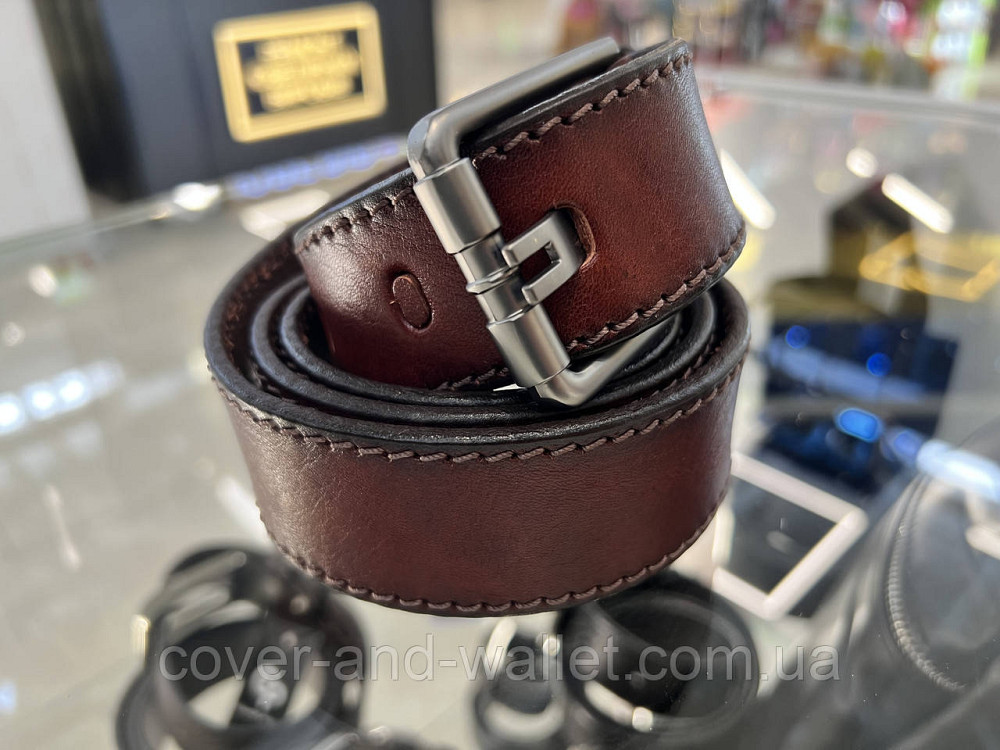 Универсальный мужской ремень из коричневой кожи с оригинальной пряжкой 40 мм PS Leather Киев - изображение 2