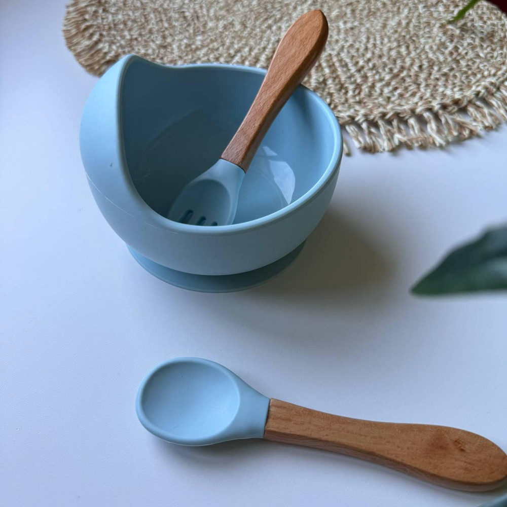 Набор детской силиконовой посуды для первого прикорма 9 предметов на присосках Голубой пакунок малюка Киев - изображение 6