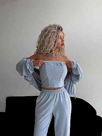 Жіночий велюровий костюм-трійка: кофта корсет і штани Блакитний, 42/46 Одеса