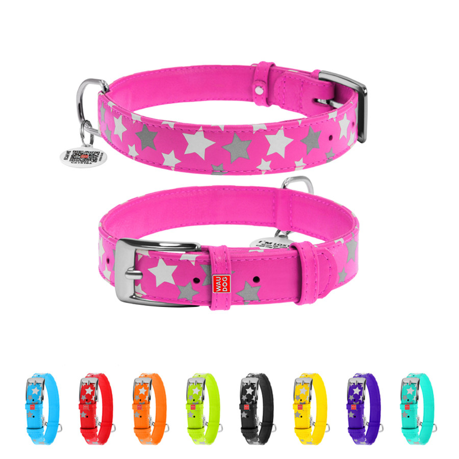 Нашийник для собак шкіряний WAUDOG Glamour з QR паспортом, візерунок "Зірочка", світлонакопичув Коломия - фото 1