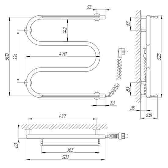 Сушарка для рушників Laris Змійовик 25 РС3 500Х500 Е з полицями (праве підкл.) Київ