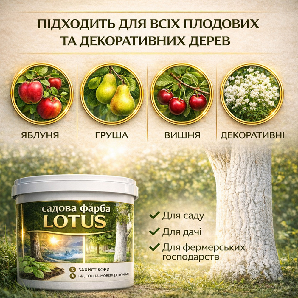 Фарба садова для дерев LOTUS 1 л білосніжна бактерицидна для побілки дерев і кущів, фарба для захисту саду від сонця та шкідників Харків - фото 4