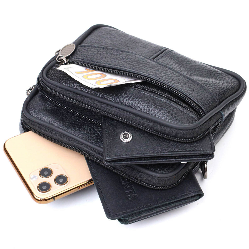 Горизонтальна поясна сумка для чоловіків з натуральної шкіри 21485 Vintage Чорна Київ - фото 4