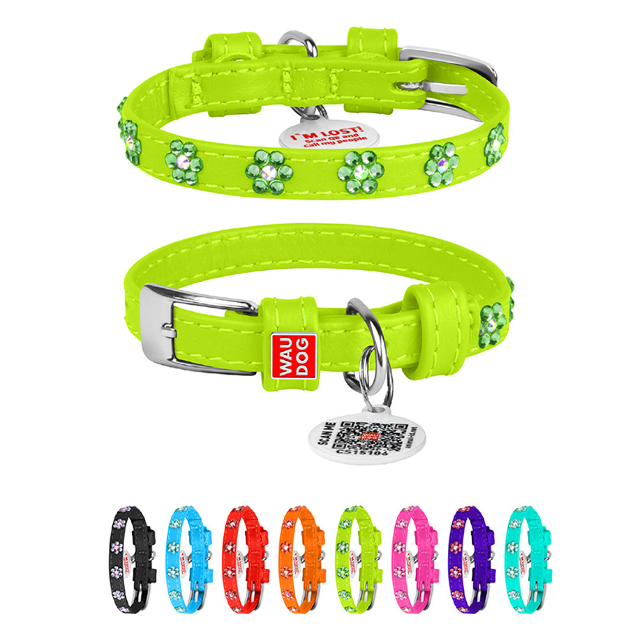 Нашийник для собак шкіряний WAUDOG Glamour з QR паспортом, з клейовими стразами "Квіти", Ш 9 мм Коломия - фото 1