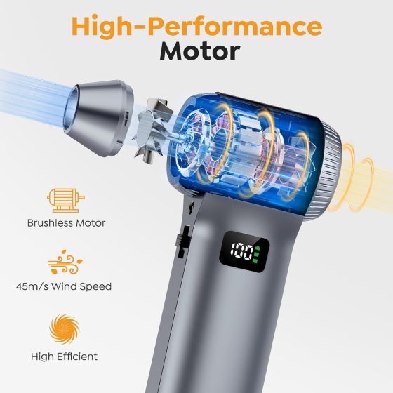 Электрический воздуходув NACKEO K100 230000 об/мин, 100 скоростей, дисплей, LED, 11 насадок, аккумуляторный Киев