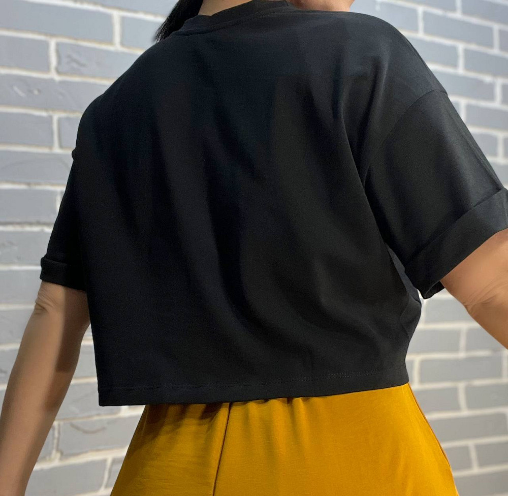 Футболка женская 0911 короткая широкая с резинкой - сборкой впереди черная, черный, S Киев - изображение 4