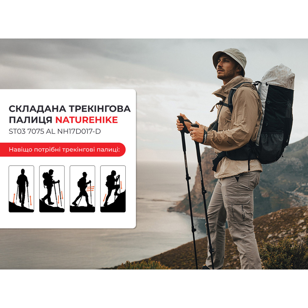 Трекінгова палиця 3-сек. Naturehike ST 03 7075 AL NH17D017-D, сірий Киев - изображение 4