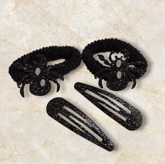 Набір 2 шпильки блискучих та 2 резинки з павучком для волос на Хелловін чорні Київ