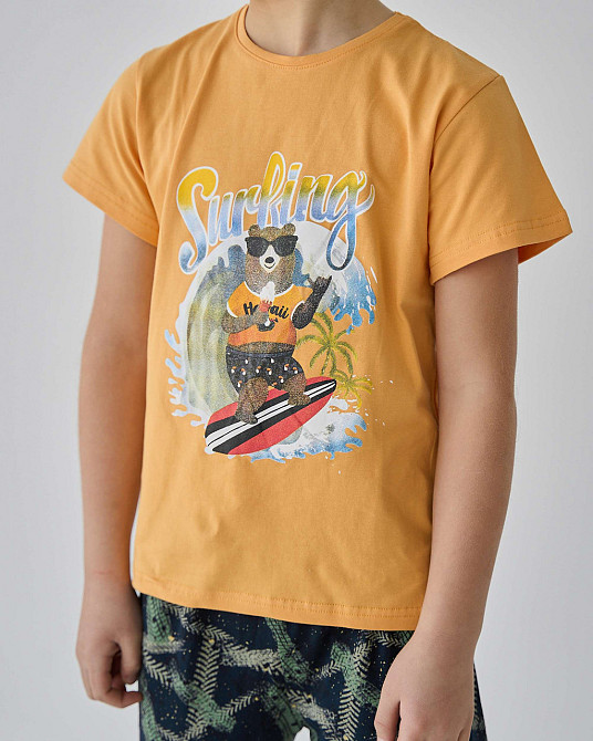 Підлітковий комплект із шортами на хлопчика Tom John — Ведмедик на серфі — Family look тато/син 89900 8-9, Жовтий Київ - фото 5