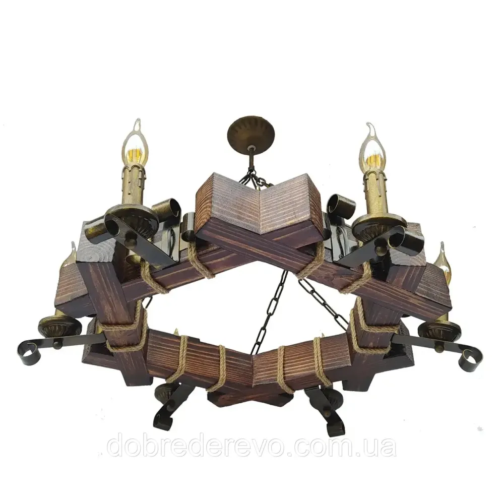 Люстра підвісна дерев'яна шестигранна на 6 свічок ковка Вижниця - фото 1