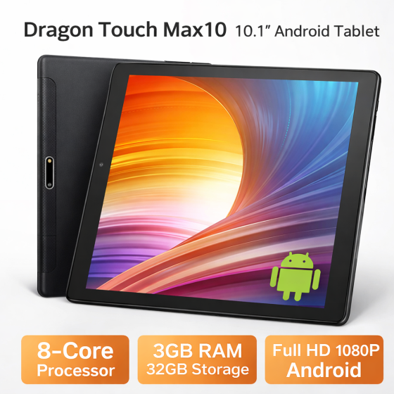 Dragon Touch Max10 10.1" Планшет Android 10, 3 ГБ ОЗУ, 32 ГБ Пам'яті, Full HD IPS 1920×1200, Wi-Fi 2.4/5 ГГц, GPS, Type-C, Чорний Київ