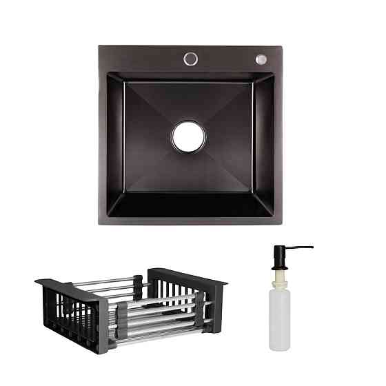 Комплект Lidz Handmade H5050B Мийка для кухні інтегрована BlackPVD у комплекті з дозатором + Lidz K01B Кошик для кухонної Київ
