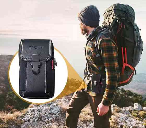 Мужская поясная сумка с карабином 2 кармана 18 на 10 см черный Киев