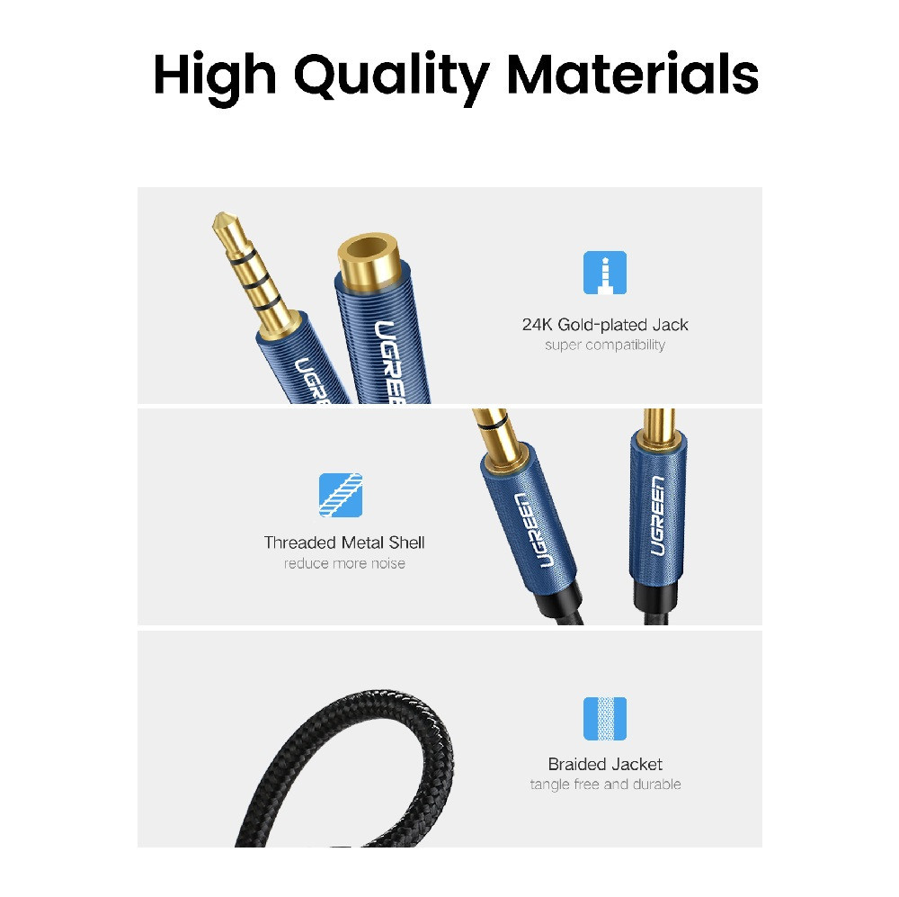 Аудіокабель UGREEN AV118 3.5mm Male to 3.5mm Female Extension Braid 2m Black Киев - изображение 1