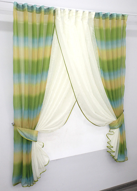 Кухонні шторки VR-Textil № 111к комбіновані молочний з оливково-жовтим та блакитним 400х170 см (52-0226) Київ - фото 2