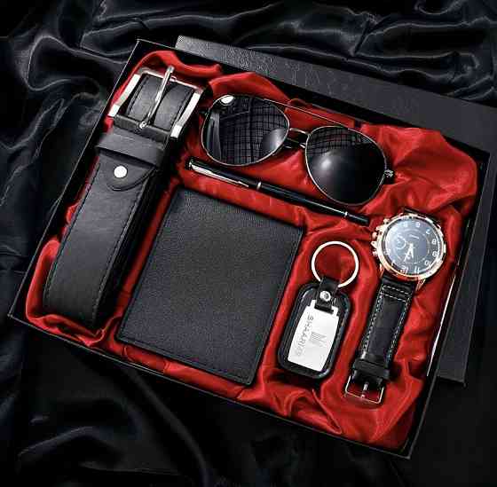 Подарунковий набір для чоловіків 6 в 1 годинник окуляри ручка ремінь гаманець брелок чорний З ДЕФЕКТОМ КОРОБКА Київ
