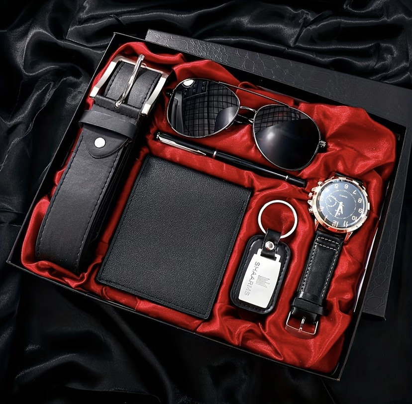 Подарунковий набір для чоловіків 6 в 1 годинник окуляри ручка ремінь гаманець брелок чорний З ДЕФЕКТОМ КОРОБКА Київ - фото 1