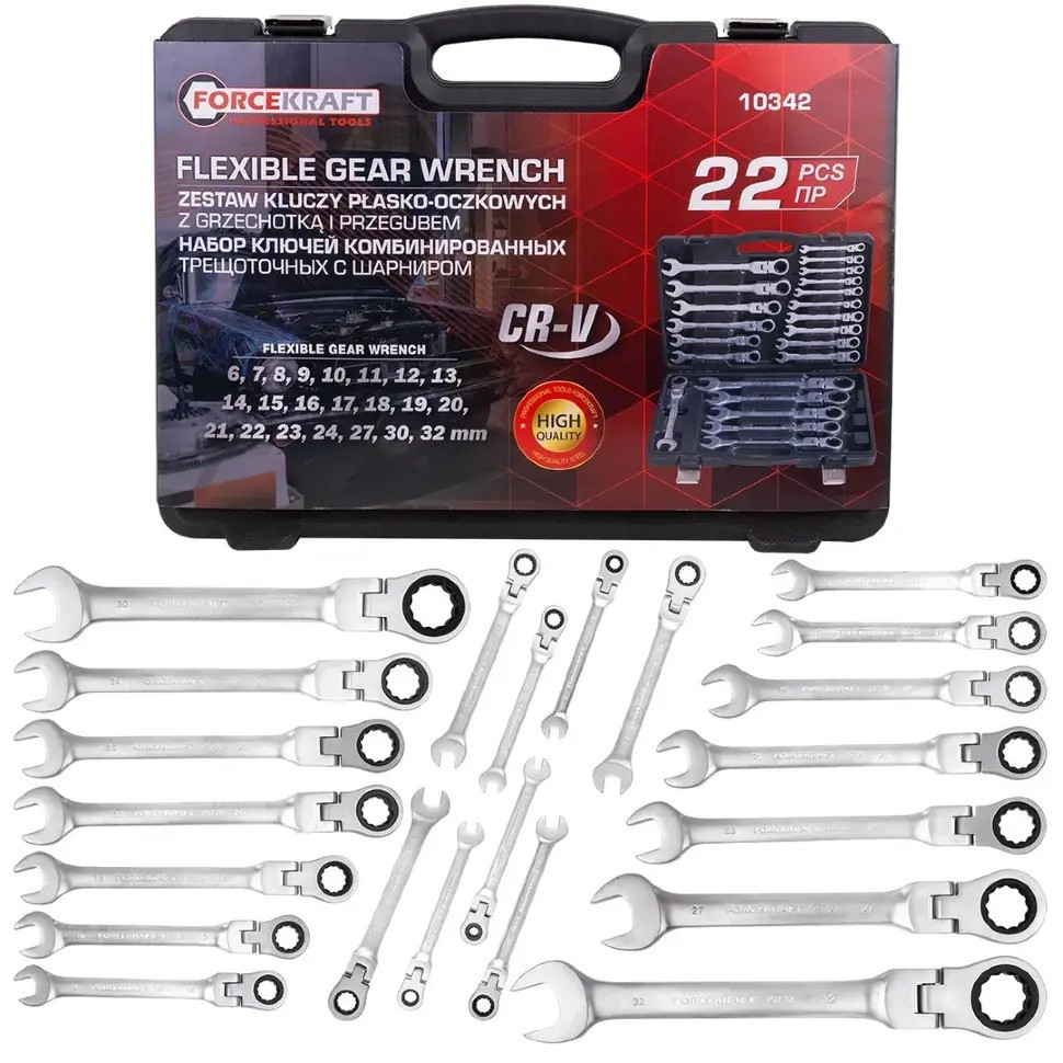 Набір ключів тріскачкових з шарніром 22пр. (6-32мм) FORCEKRAFT FK-10342 Одесса - изображение 4