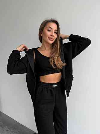 Жіночий прогулянковий костюм-трійка: кофта топ і штани Капітон Чорний, 42/44 Одеса