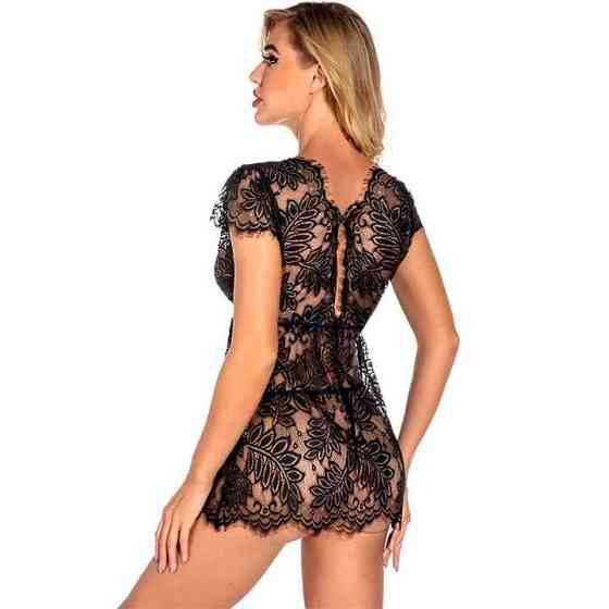 Коротенький сексі пеньюар із квітковим мереживом чорний — S/M — Еротична білизна Вінниця