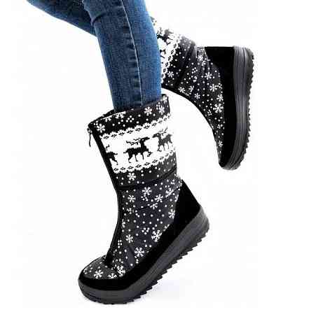 Зимові жіночі Дутики Чоботи на Хуху Теплі Чорні з Оленами (розміри: 37,38,39,40) Дніпро