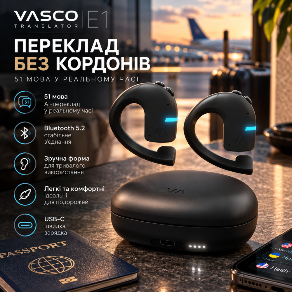 Наушники-переводчики Vasco Translator E1, 51 язык, AI-перевод в реальном времени, Bluetooth 5.2, USB-C, черные Киев - изображение 1