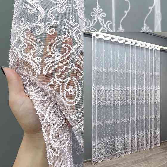 Тюль VR-Textil 1856т Фатин з вишивкою Корд та люрексом Холодний білий з пудровим 250х270 см (42-1035) Київ