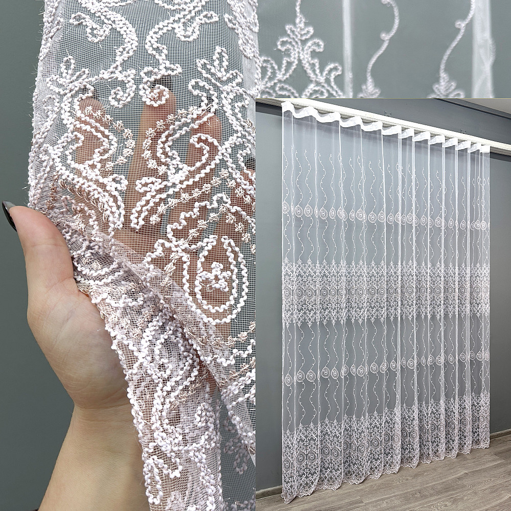 Тюль VR-Textil 1856т Фатин з вишивкою Корд та люрексом Холодний білий з пудровим 250х270 см (42-1035) Київ - фото 1