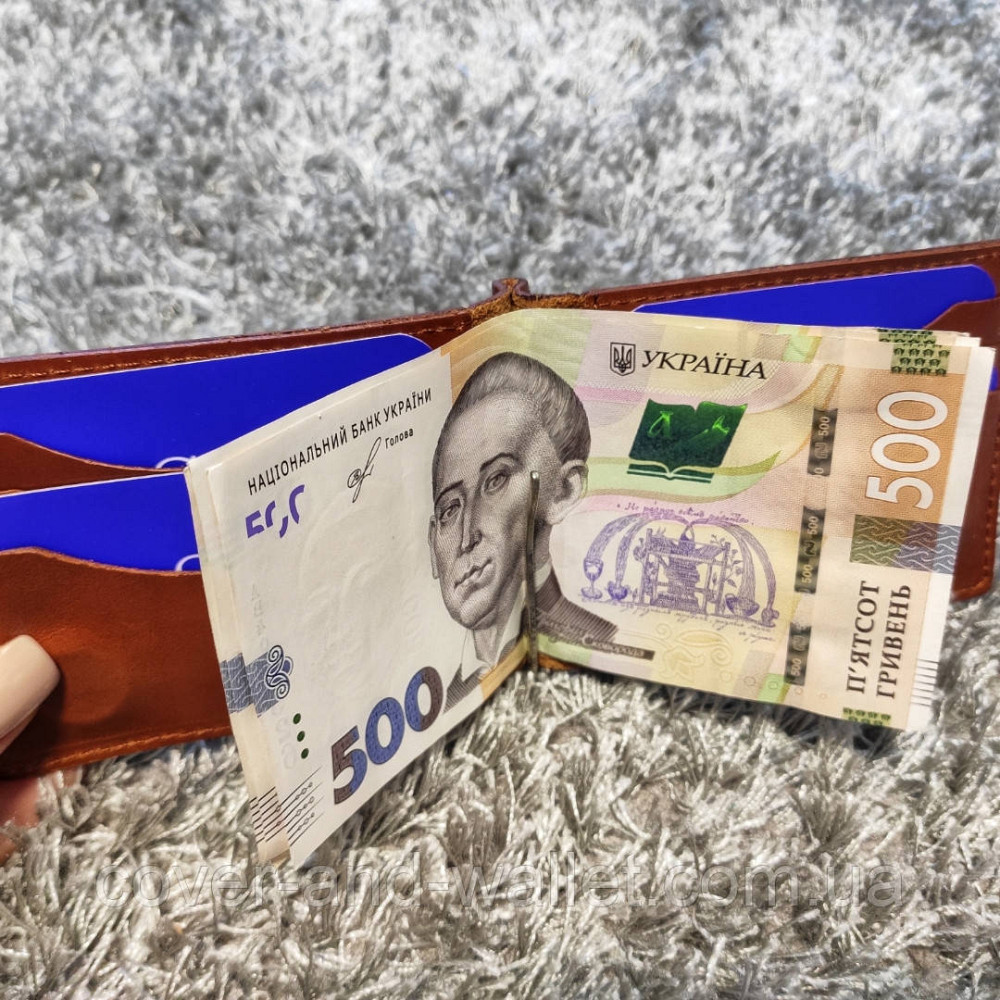 Кожаный зажим для денег на магнитах рыжего цвета ST B4-15 Киев - изображение 4