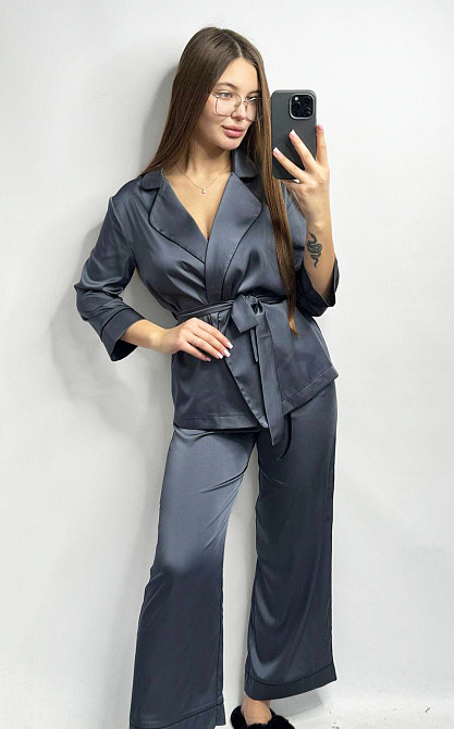 Пижама женская шелковая со штанами Графитовый ч/к XS/S Харьков - изображение 1