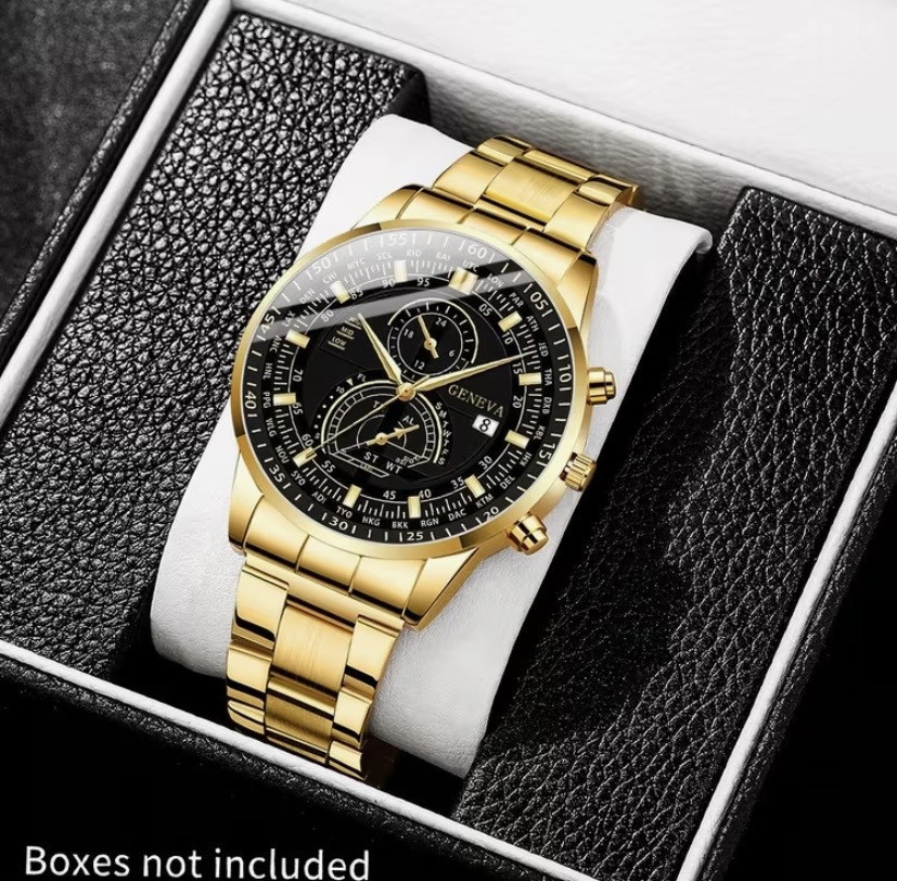 Подарунковий набір для чоловіків наручний годинник з браслетом і ланцюжок з хрестиком та кільце золотистий Київ - фото 3