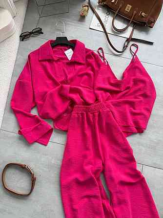 Жіночий легкий прогулянковий костюм-трійка: сорочка майка та штани креп жатка Малина, 48/50 Одеса