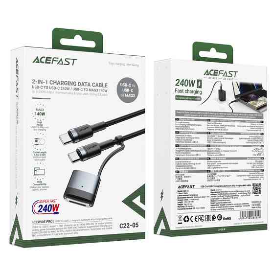 Кабель ACEFAST C22-05 USB-C to USB-C / magnetic aluminum alloy charging data cable Black Київ