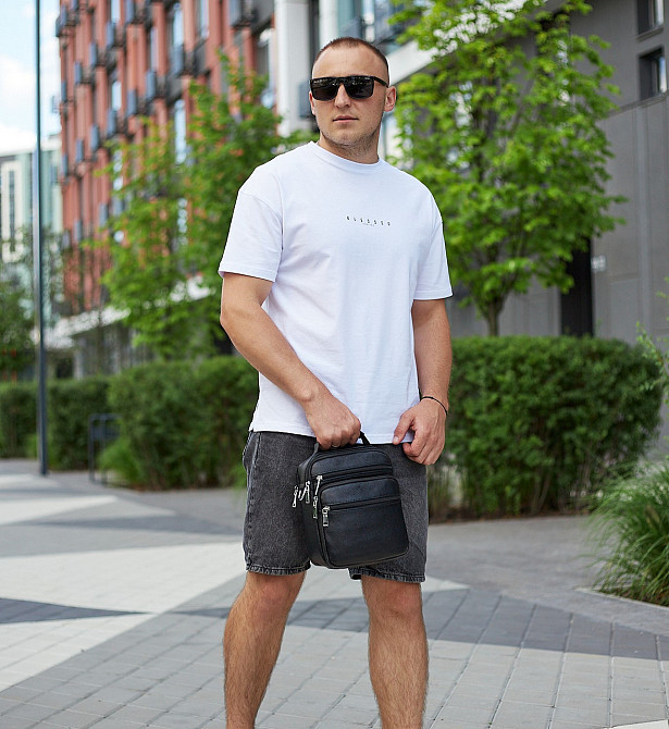 Мужская сумка-барсетка кожаная 22х24х8 / мессенджер на одно плечо для города и путешествий, черный Киев - изображение 11