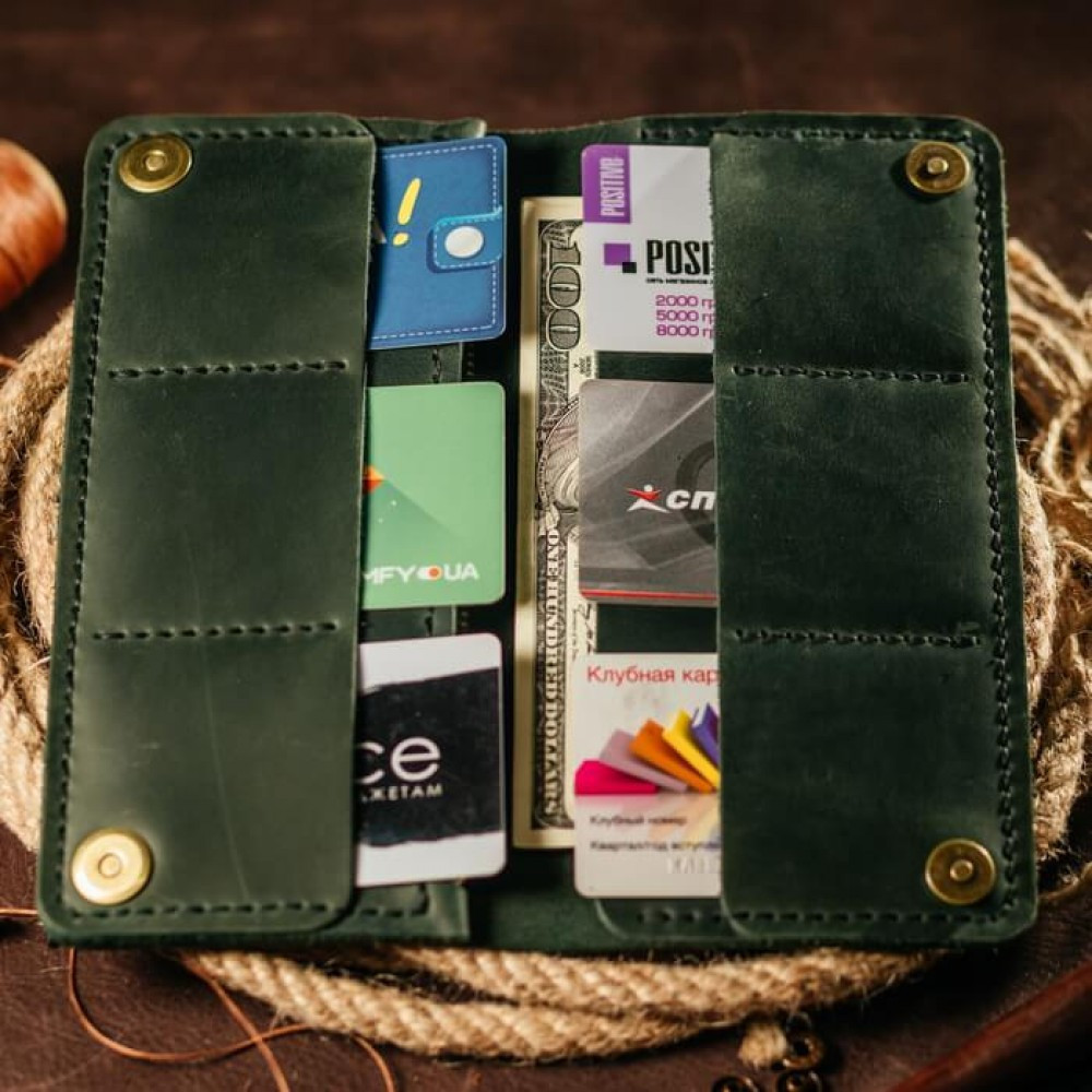 Клатч чоловічий шкіряний Лонгер Зелений стильний на кнопках 20х10 см з відділеннями для купюр, карт та монетMasterSem Київ - фото 9