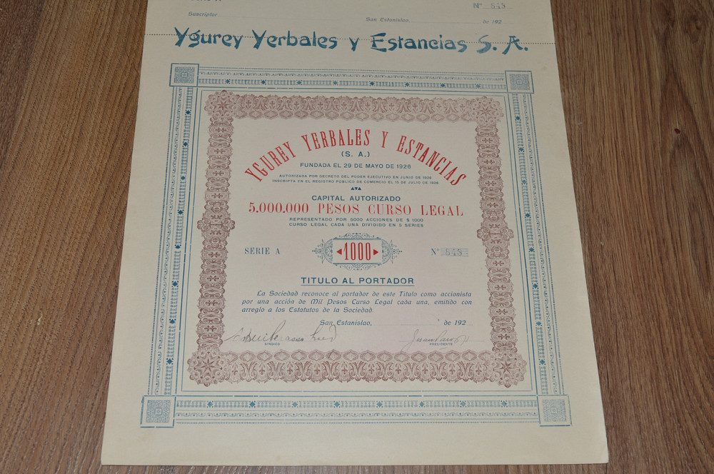 Акція. Ygurey Yerbales y Estancias S. A. 1926 рік №848 (32)38*30 Полтава - фото 1