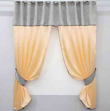 Кухонные шторы VR-Textil № 073к с ламбрекеном и подхватами персиковый с серым 270х170 см (52-0202) Киев