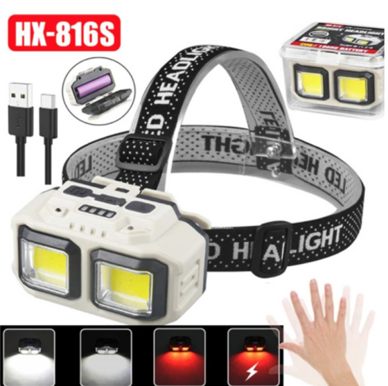 Налобний ліхтар HX-816S-2COB PL-124, Білий, Червоний, Датчик руху, Водонепроникний, 1x18650, ЗУ Type-C Дніпро