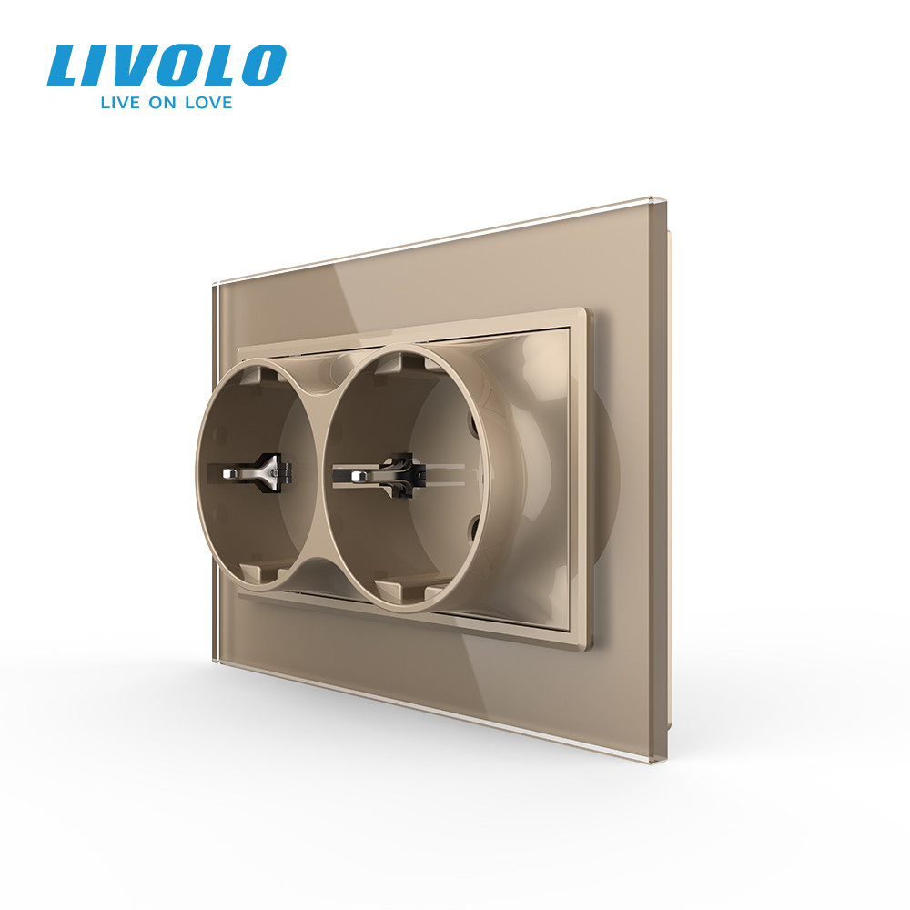 Подвійна електрична розетка в один підрозетник з заземленням LIVOLO, золота, скляна рамка, 250В 16А (VL-C7CTF16A.TF16A-AP) Коломыя - изображение 1